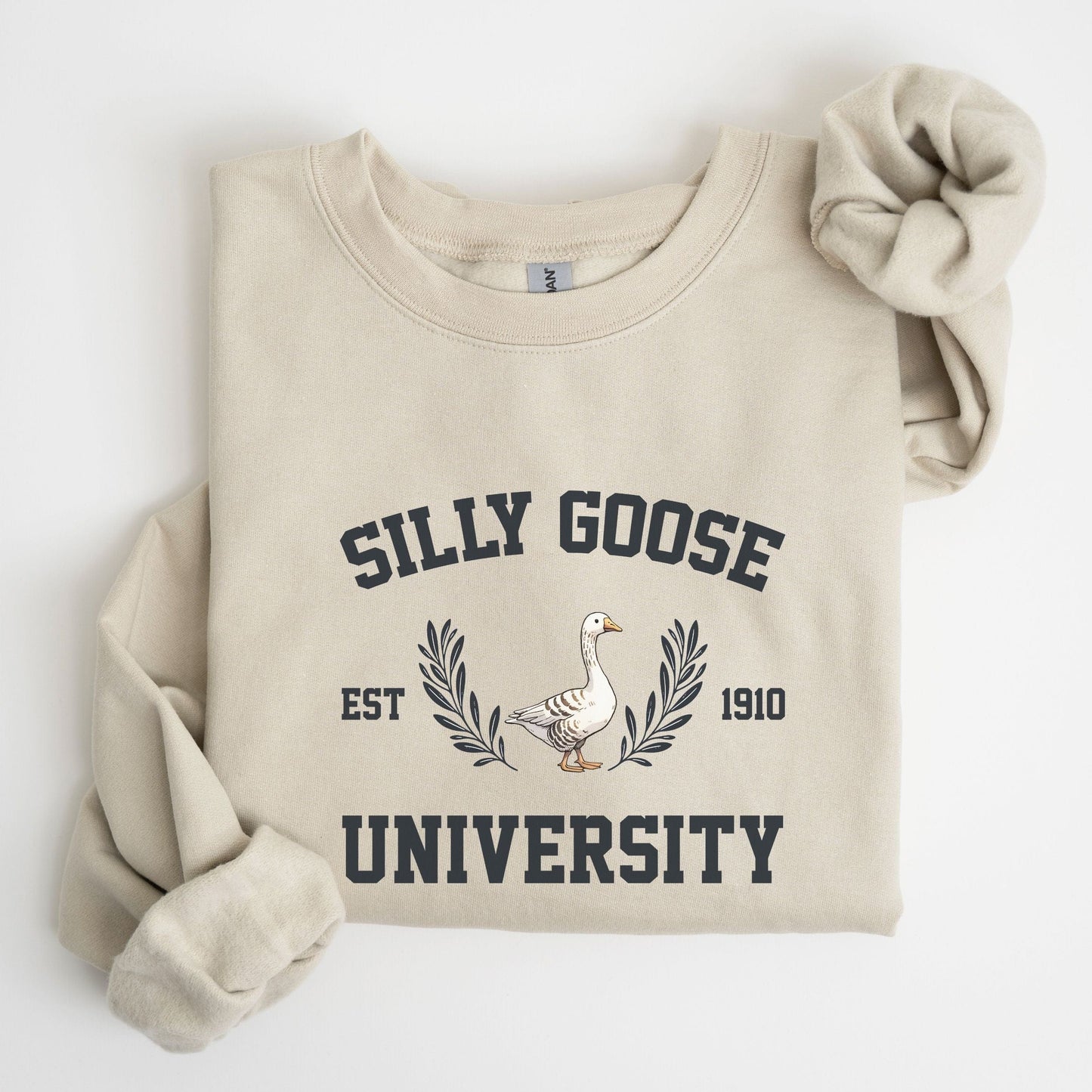 “Silly Goose University” sweatshirt with vintage collegiate lettering and a goose crest — perfect for cozy, funny fall style.