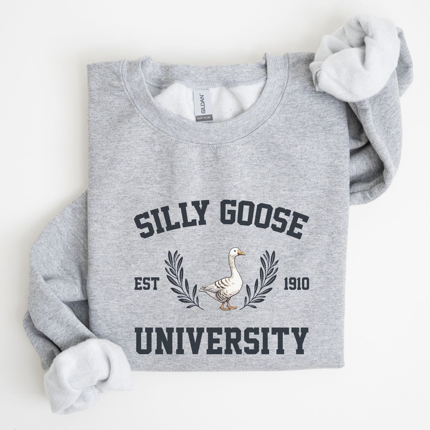 “Silly Goose University” sweatshirt with vintage collegiate lettering and a goose crest — perfect for cozy, funny fall style.