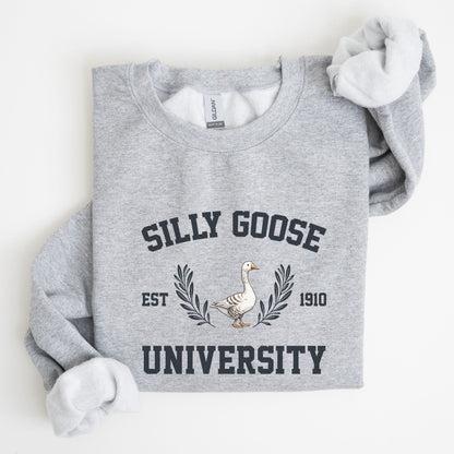 “Silly Goose University” sweatshirt with vintage collegiate lettering and a goose crest — perfect for cozy, funny fall style.