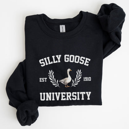 “Silly Goose University” sweatshirt with vintage collegiate lettering and a goose crest — perfect for cozy, funny fall style.