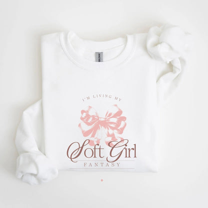 White sweatshirt with Soft Girl Fantasy design and pink bow for coquette style fashion.