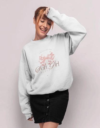 White sweatshirt with Soft Girl Fantasy design and pink bow for coquette style fashion.