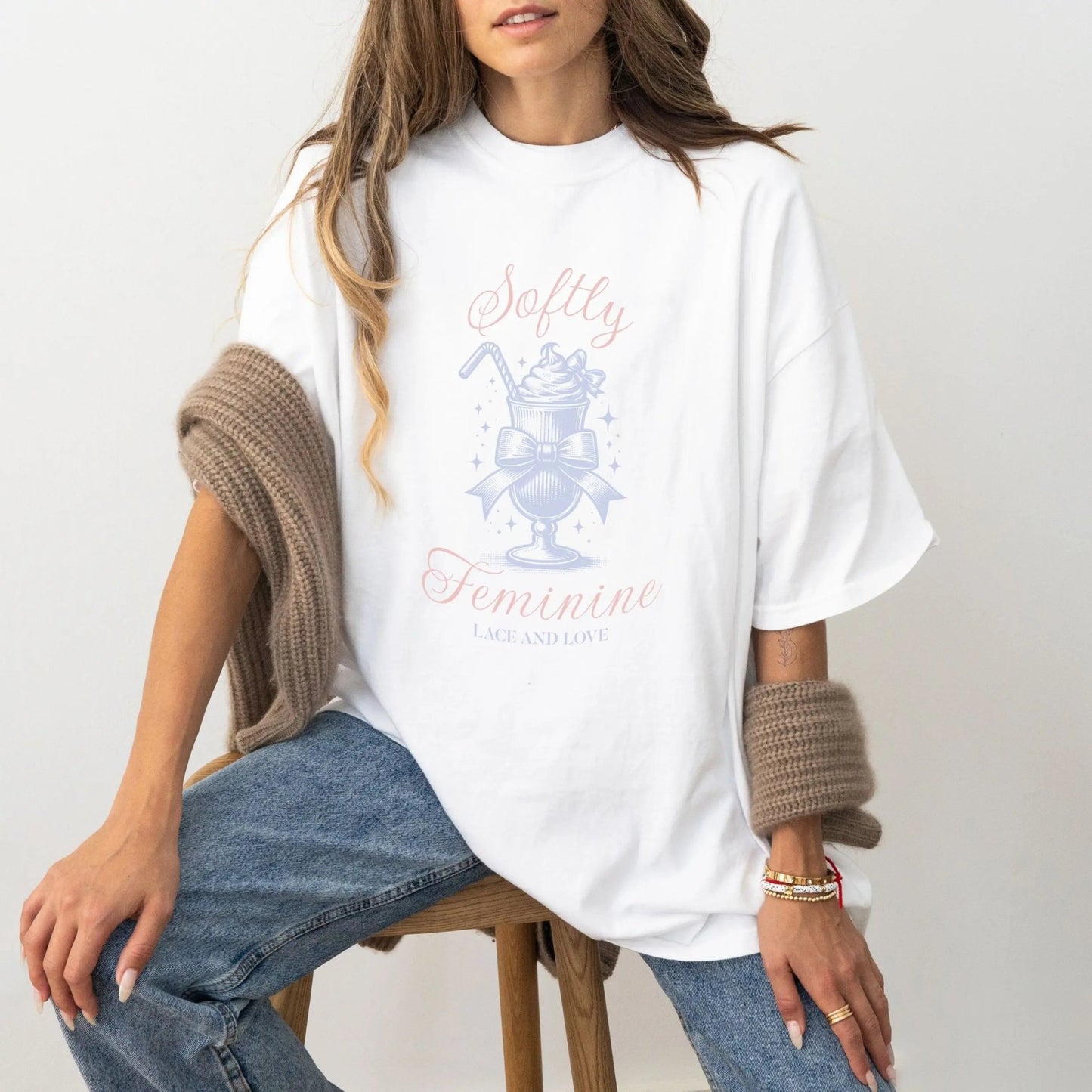 "Softly Feminine" t-shirt with a soft girl aesthetic, 100% cotton, available in 2 colors.