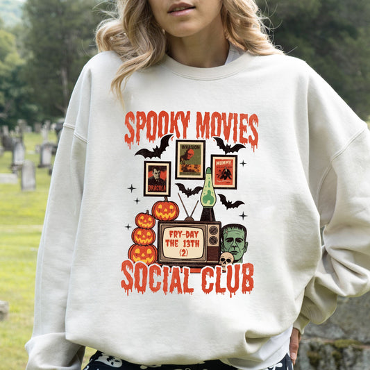 Spooky Movies Social Club Halloween sweatshirt with retro TV, jack-o-lanterns, and Frankenstein design