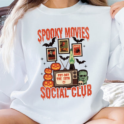 Spooky Movies Social Club Halloween sweatshirt with retro TV, jack-o-lanterns, and Frankenstein design
