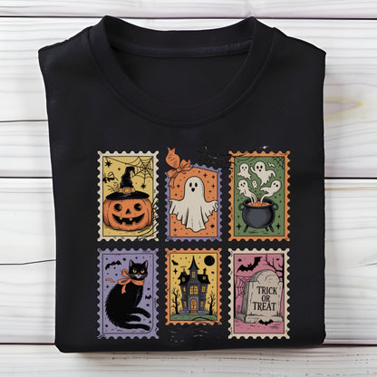 Vintage Halloween t-shirt with postage stamp illustrations of ghosts, pumpkins, black cat, haunted house, and trick-or-treat