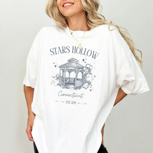 "Stars Hollow" shirt, cozy town aesthetic, Gilmore Girls merch, multiple sizes available.