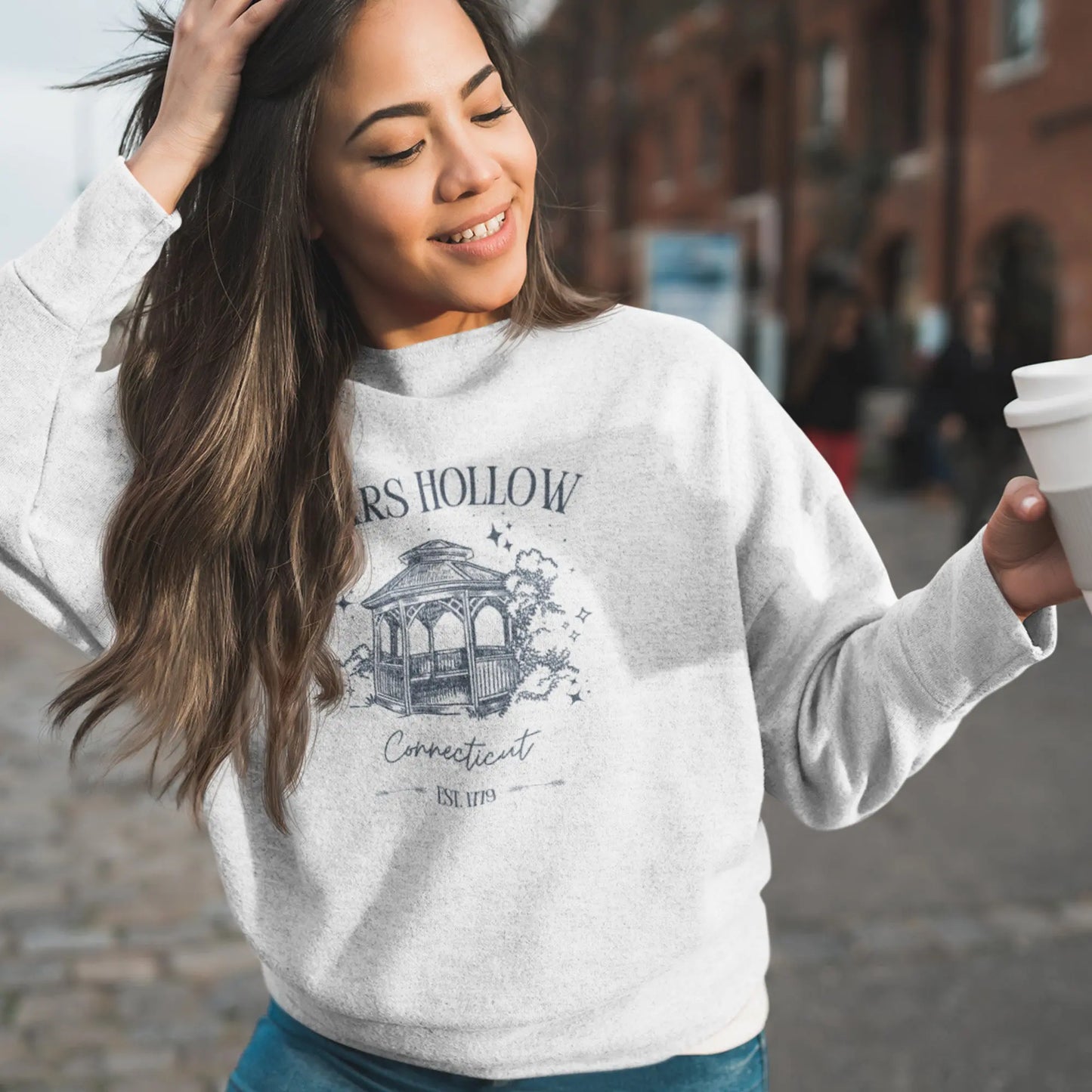 "Stars Hollow" sweatshirt, cozy town aesthetic, Gilmore Girls merch, warm and stylish.