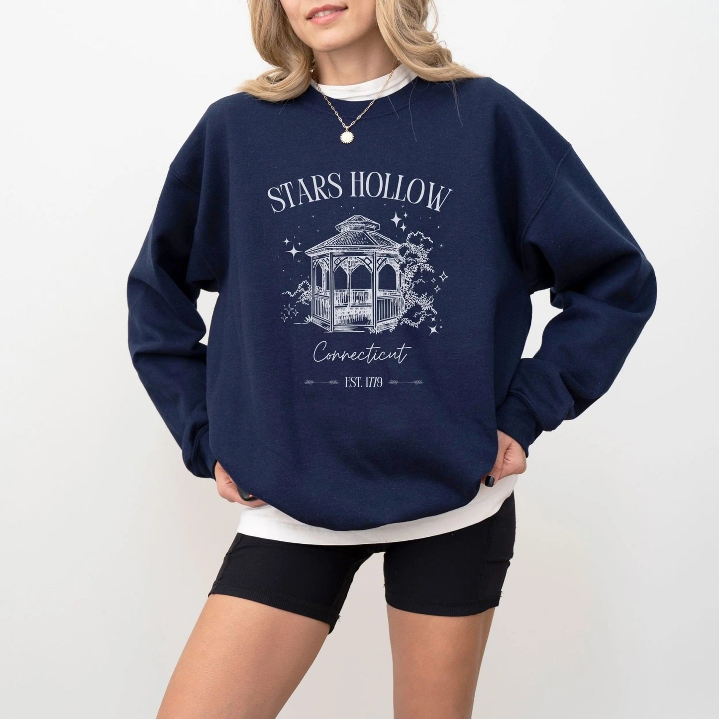 "Stars Hollow" sweatshirt, cozy town aesthetic, Gilmore Girls merch, warm and stylish.