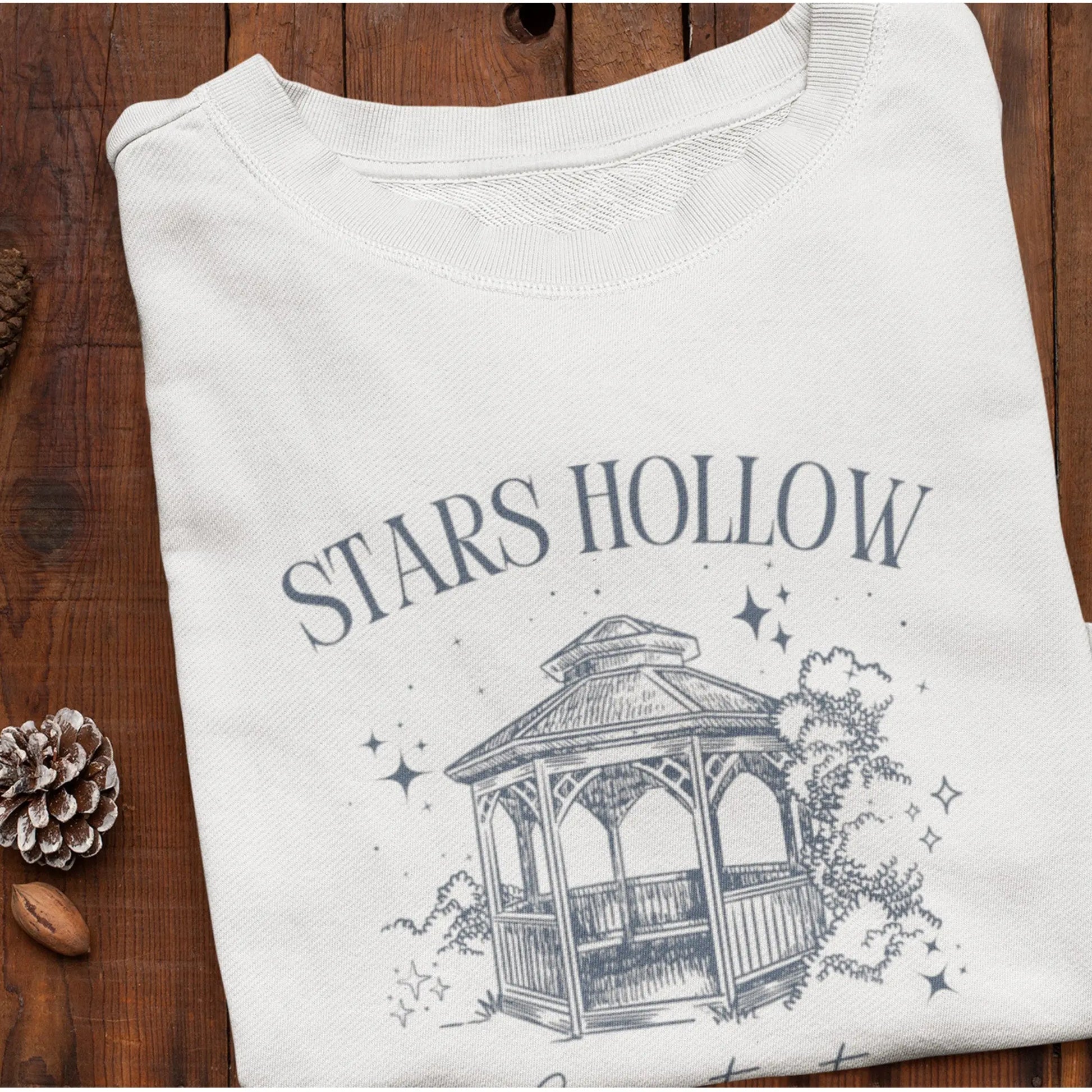 "Stars Hollow" sweatshirt, cozy town aesthetic, Gilmore Girls merch, warm and stylish.