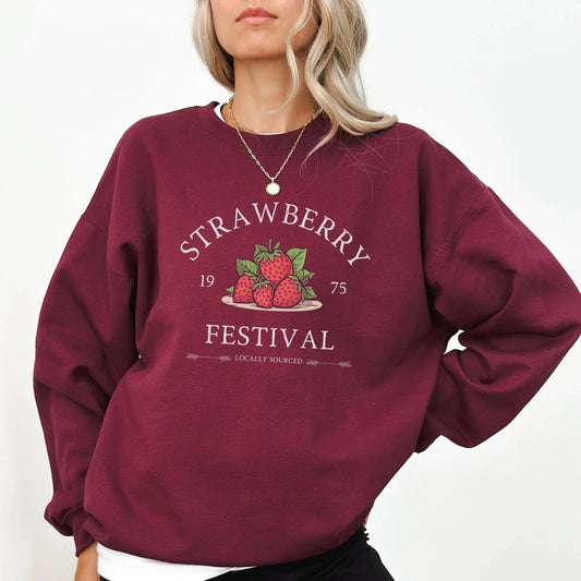 "Strawberry Festival" sweatshirt, cozy blend, 10 colors, perfect for strawberry lovers.