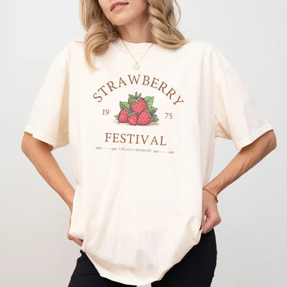 "Strawberry Festival" t-shirt, 100% cotton, available in 9 colors, perfect for strawberry lovers.