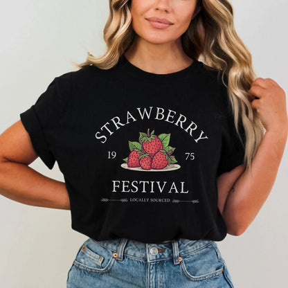 "Strawberry Festival" t-shirt, 100% cotton, available in 9 colors, perfect for strawberry lovers.