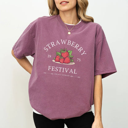 "Strawberry Festival" t-shirt, 100% cotton, available in 9 colors, perfect for strawberry lovers.