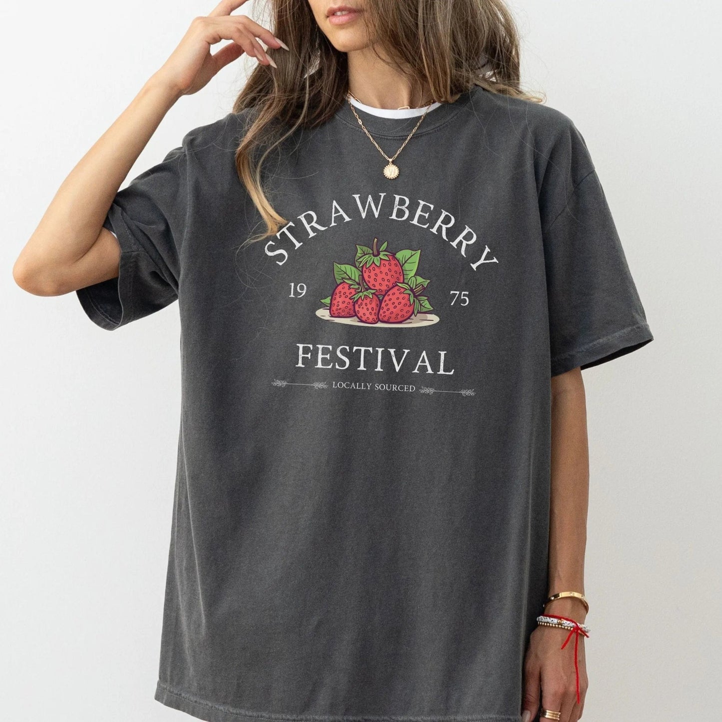 "Strawberry Festival" t-shirt, 100% cotton, available in 9 colors, perfect for strawberry lovers.