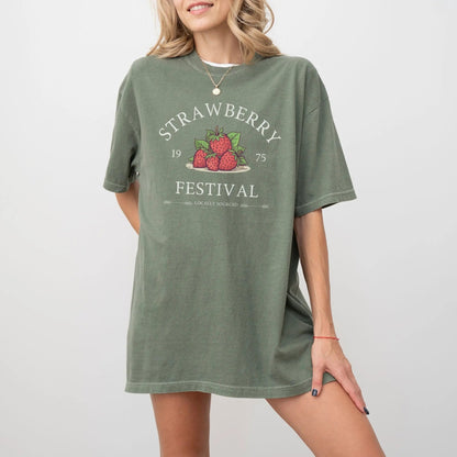 "Strawberry Festival" t-shirt, 100% cotton, available in 9 colors, perfect for strawberry lovers.