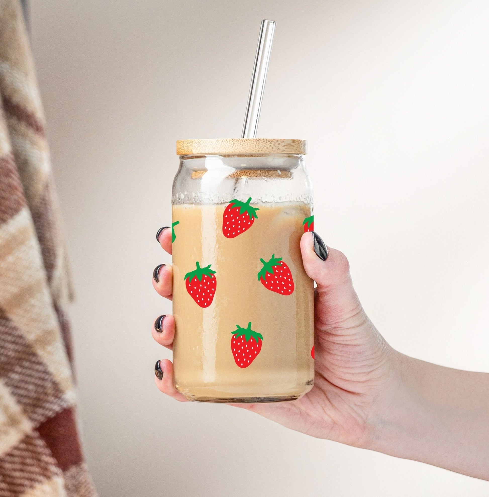 Strawberry pattern glass tumbler, 16 oz, available with or without a lid and straw.