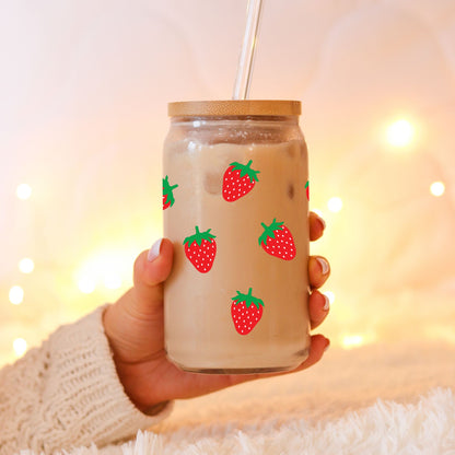 Strawberry pattern glass tumbler, 16 oz, available with or without a lid and straw.