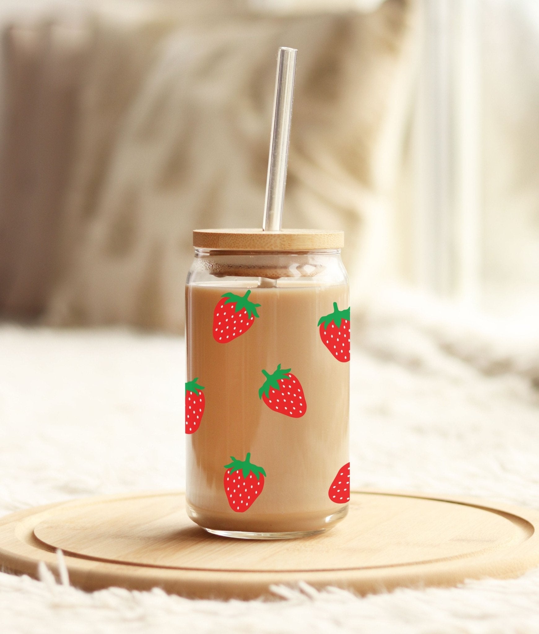 Strawberry pattern glass tumbler, 16 oz, available with or without a lid and straw.