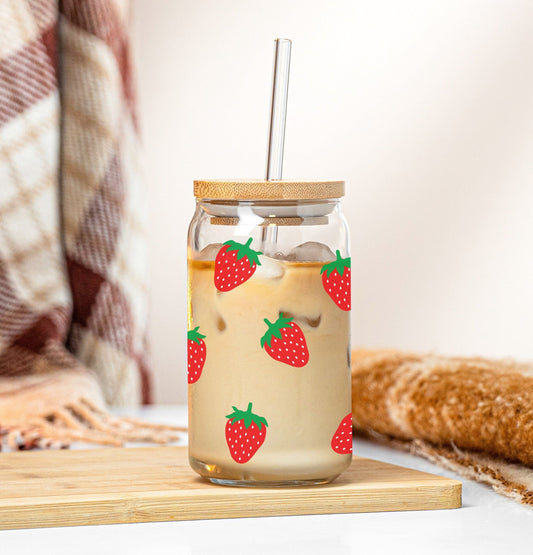 Strawberry pattern glass tumbler, 16 oz, available with or without a lid and straw.