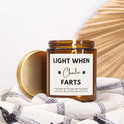 Personalized amber jar dog candle with custom text option, Light When [Name] Farts design.