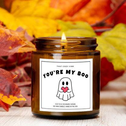 You're My Boo Halloween soy wax candle in amber and clear jars.