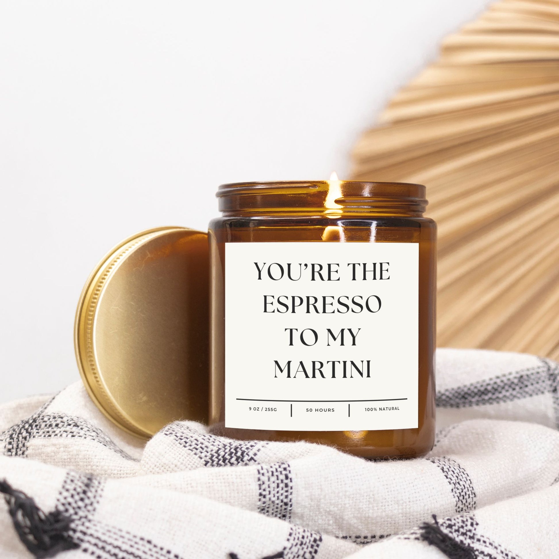 Amber jar espresso martini candle with 'You're the Espresso to My Martini' text, natural soy wax.