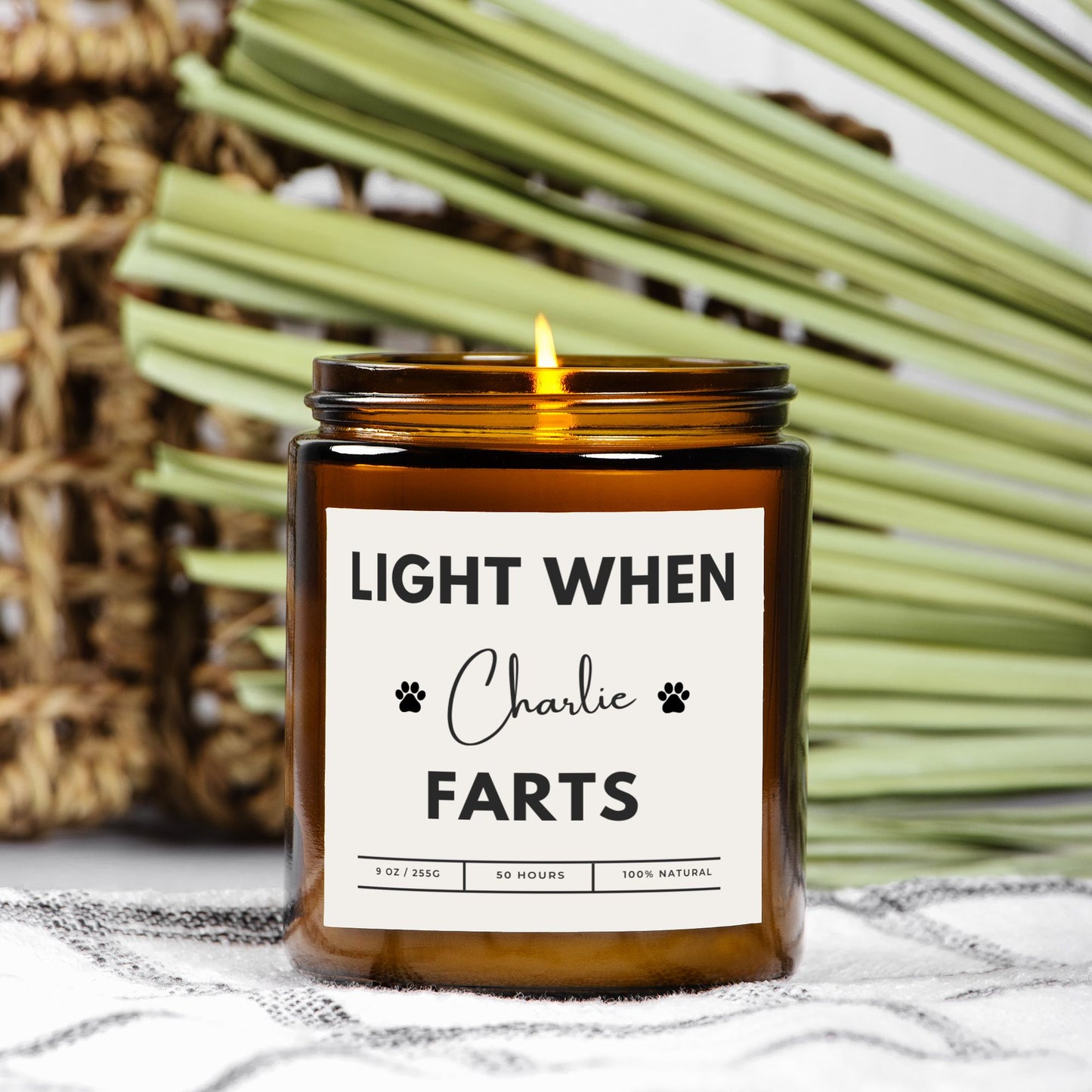 Personalized amber jar dog candle with custom text option, Light When [Name] Farts design.