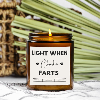 Personalized amber jar dog candle with custom text option, Light When [Name] Farts design.