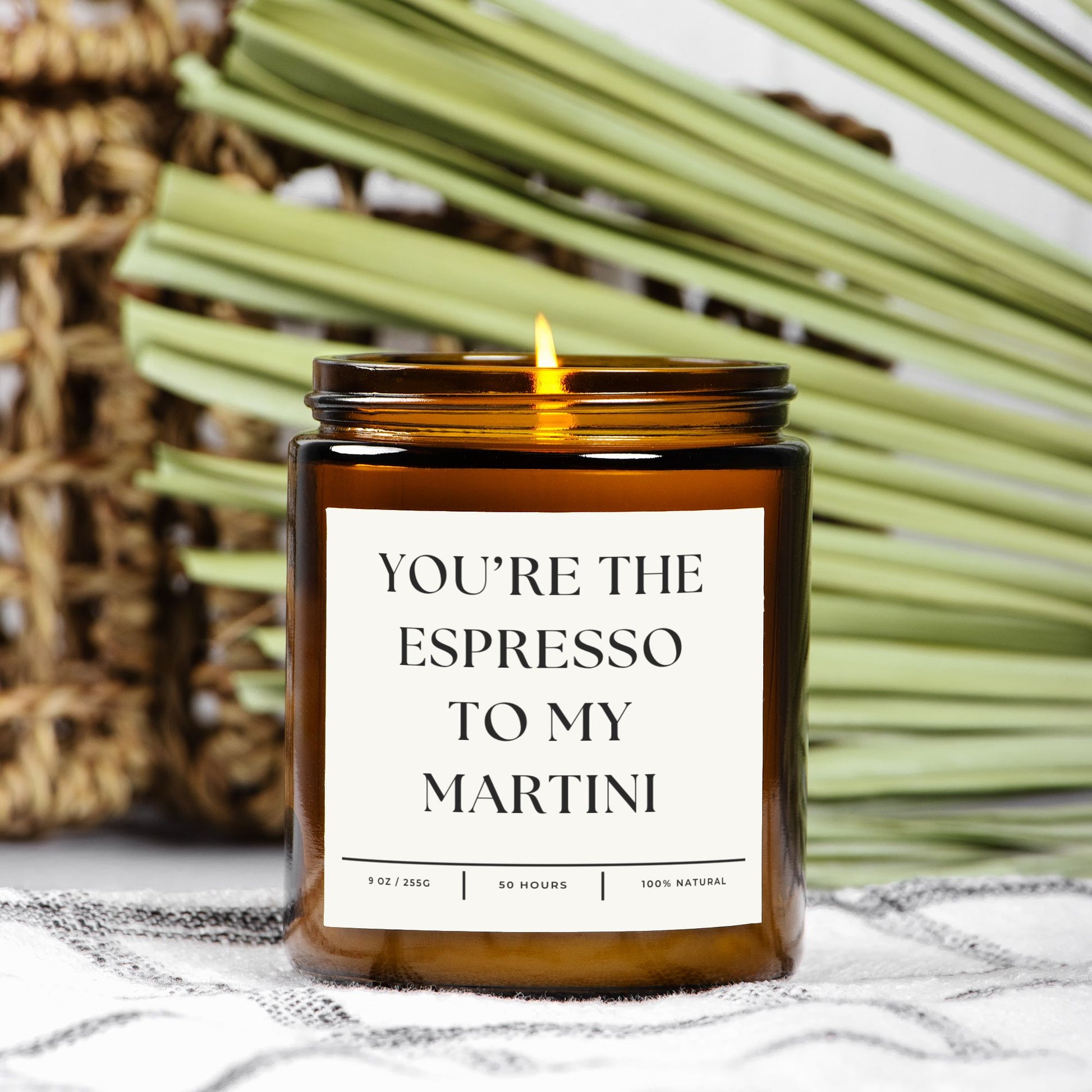 Amber jar espresso martini candle with 'You're the Espresso to My Martini' text, natural soy wax.