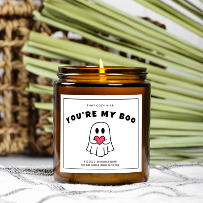 You're My Boo Halloween soy wax candle in amber and clear jars.