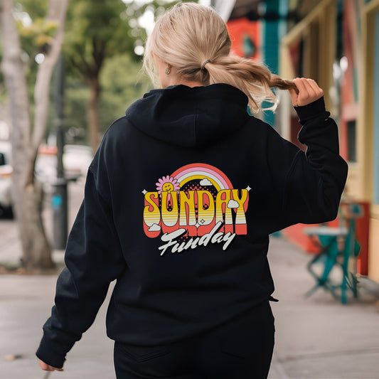 Sunday Funday hoodie with retro rainbow typography design.