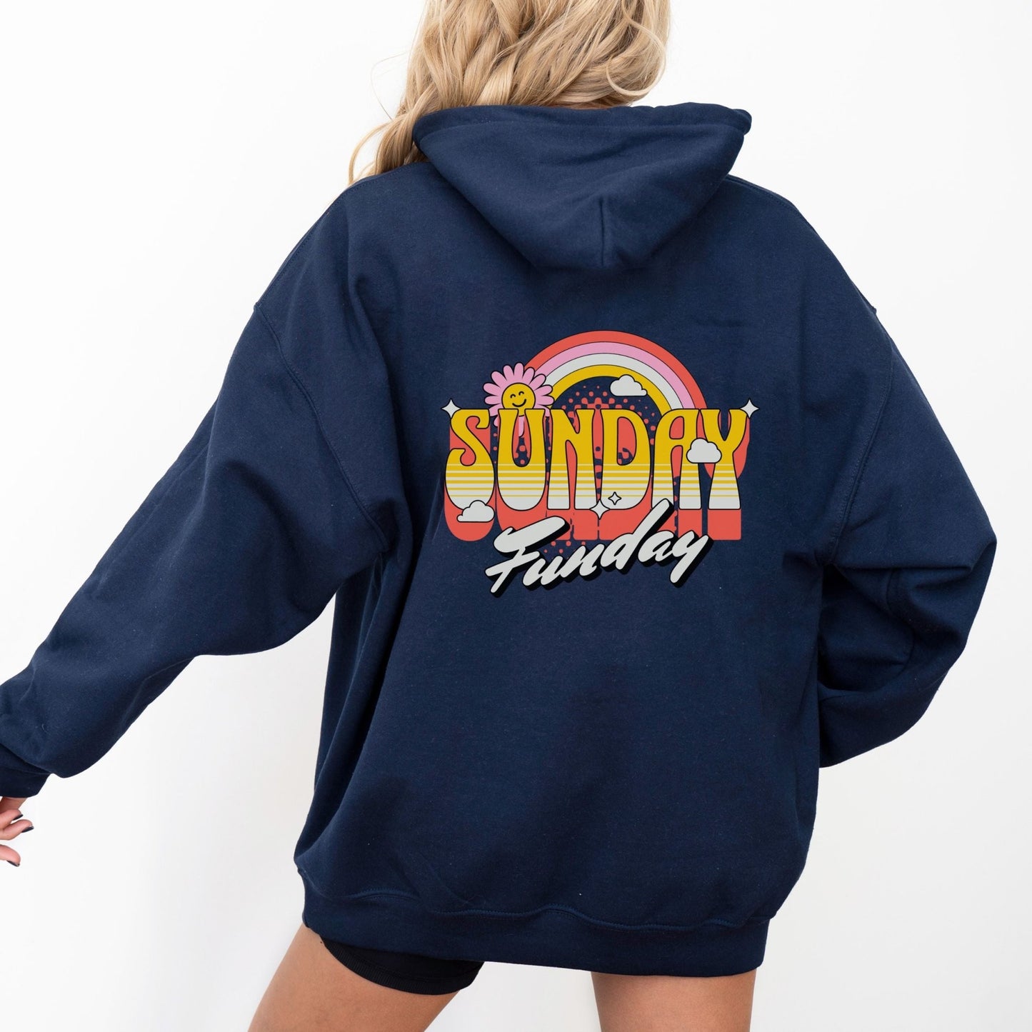 Sunday Funday hoodie with retro rainbow typography design.