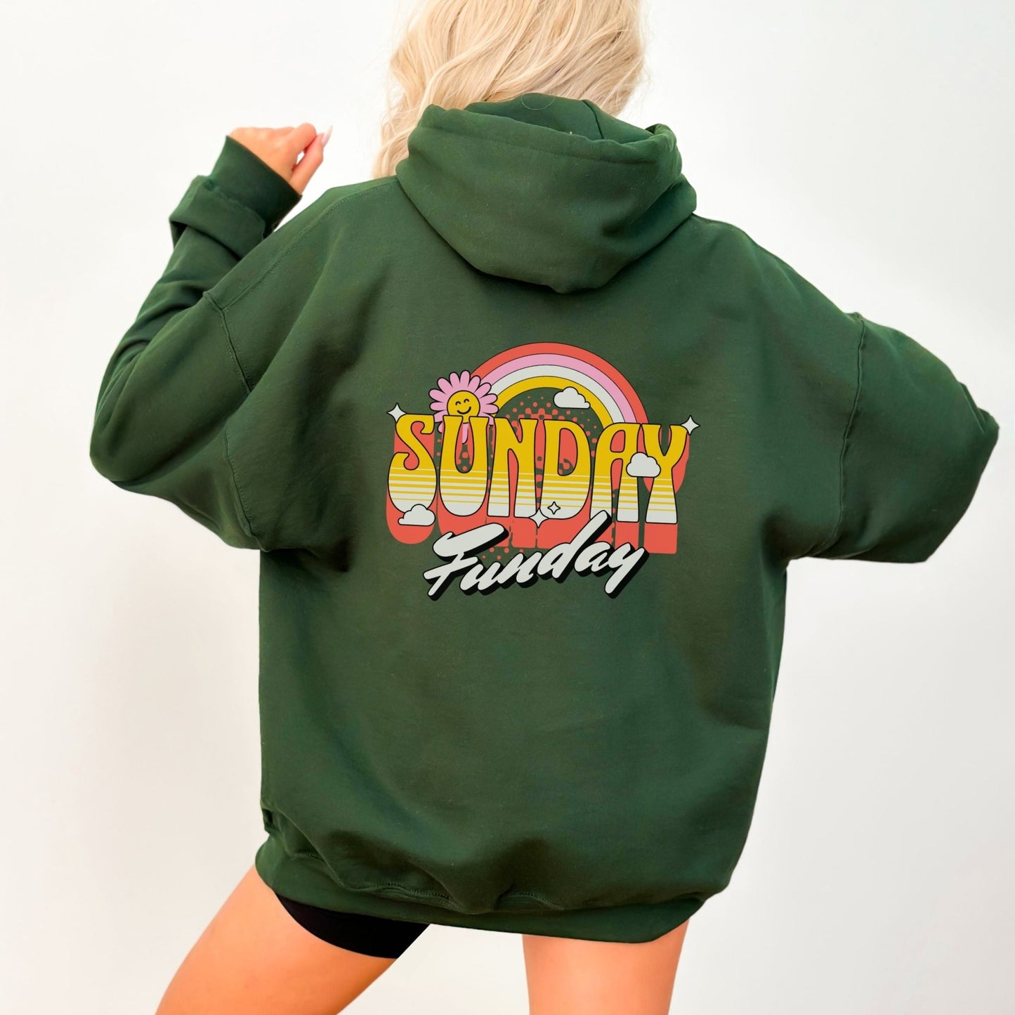 Sunday Funday hoodie with retro rainbow typography design.