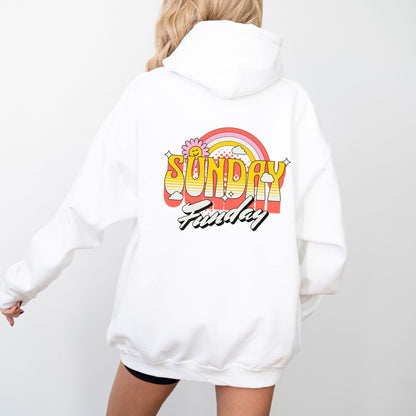 Sunday Funday hoodie with retro rainbow typography design.