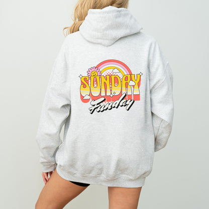 Sunday Funday hoodie with retro rainbow typography design.