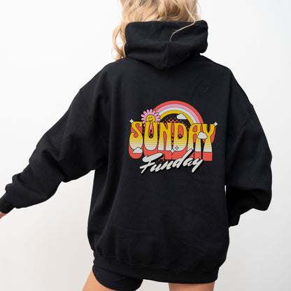 Sunday Funday hoodie with retro rainbow typography design.