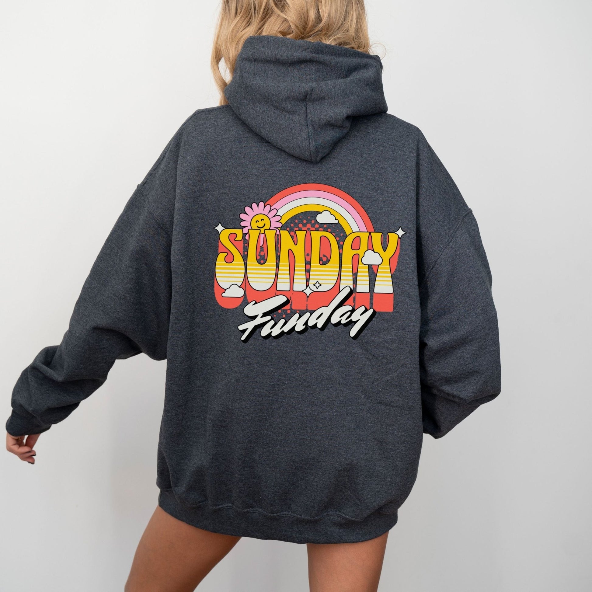 Sunday Funday hoodie with retro rainbow typography design.