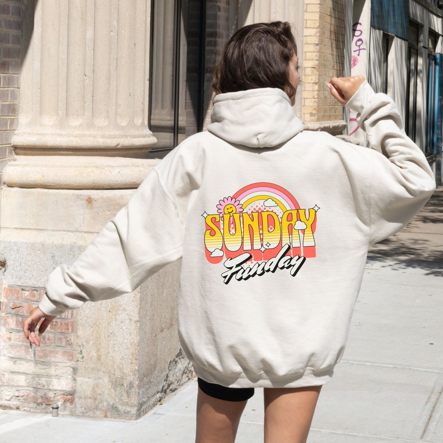 Sunday Funday hoodie with retro rainbow typography design.