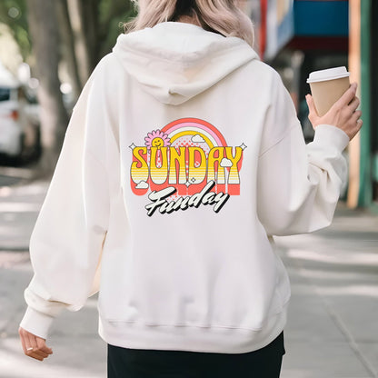 Sunday Funday hoodie with retro rainbow typography design.