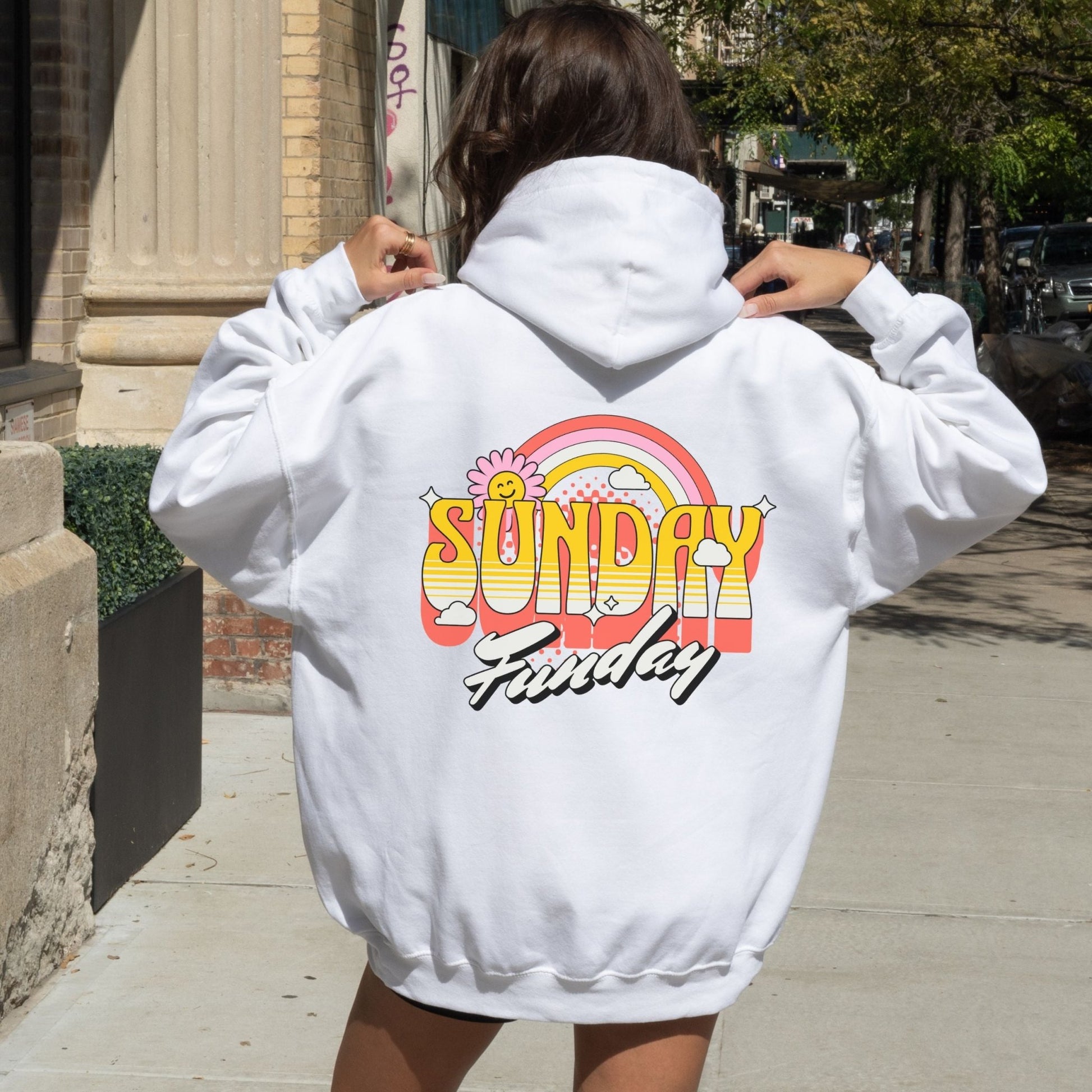 Sunday Funday hoodie with retro rainbow typography design.