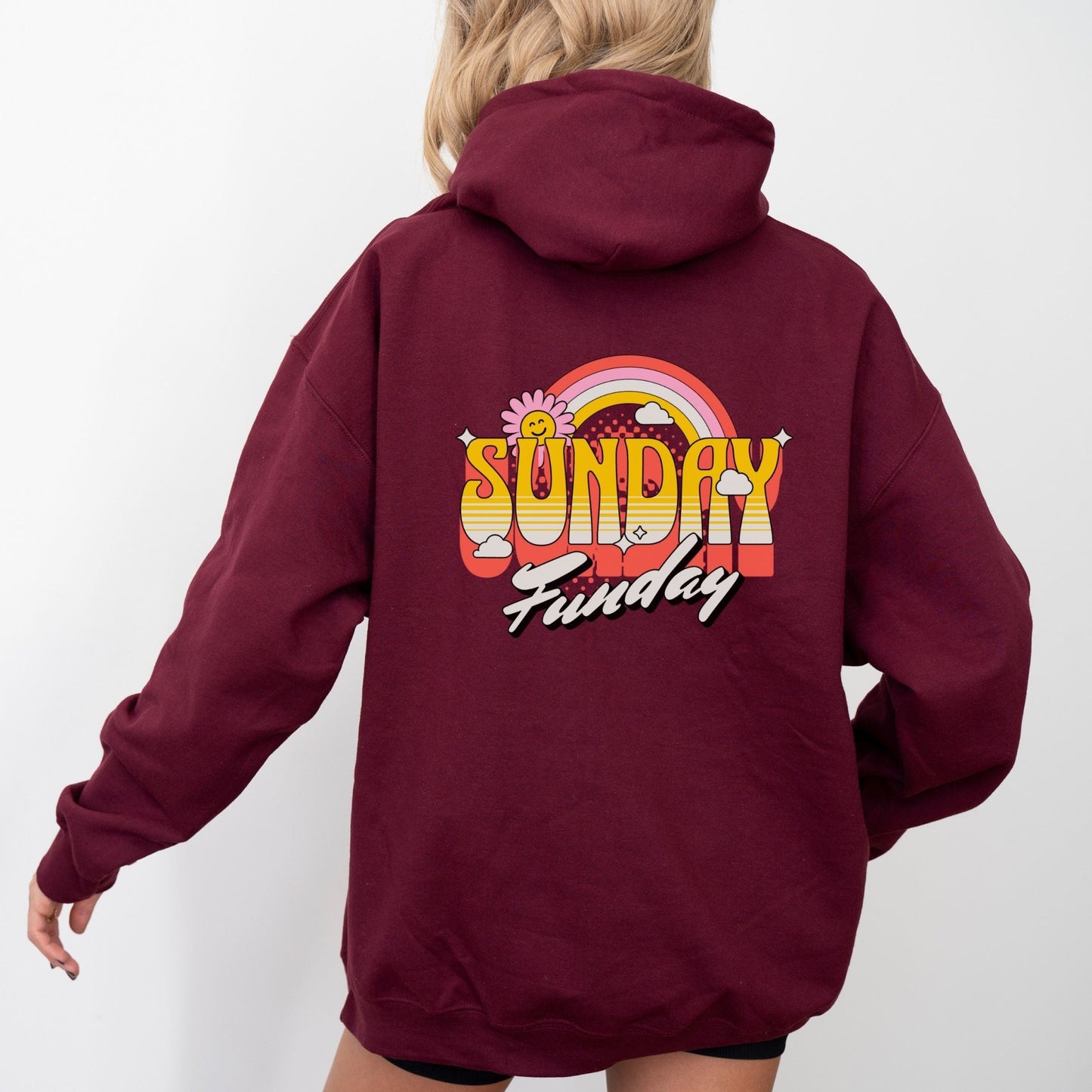 Sunday Funday hoodie with retro rainbow typography design.