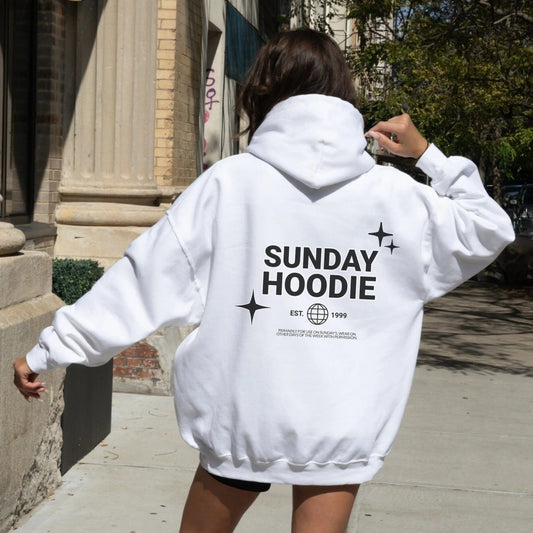 "Sunday Hoodie" from That Cozy Vibe, available in 10 colors, perfect for streetwear fans.