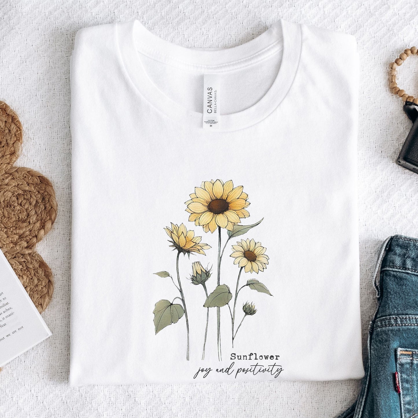 Sunflower t-shirt with joyful floral design and positive quote, summer aesthetic tee