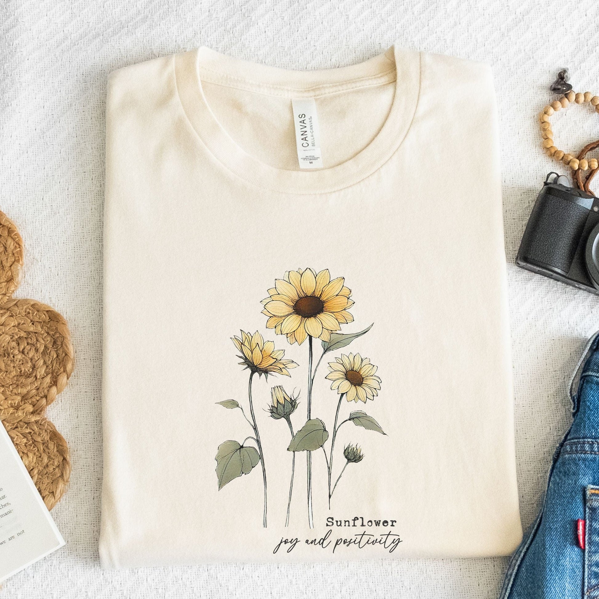 Sunflower t-shirt with joyful floral design and positive quote, summer aesthetic tee