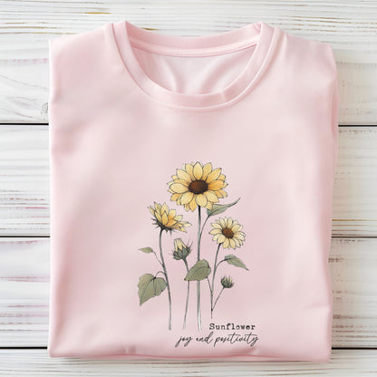 Sunflower t-shirt with joyful floral design and positive quote, summer aesthetic tee