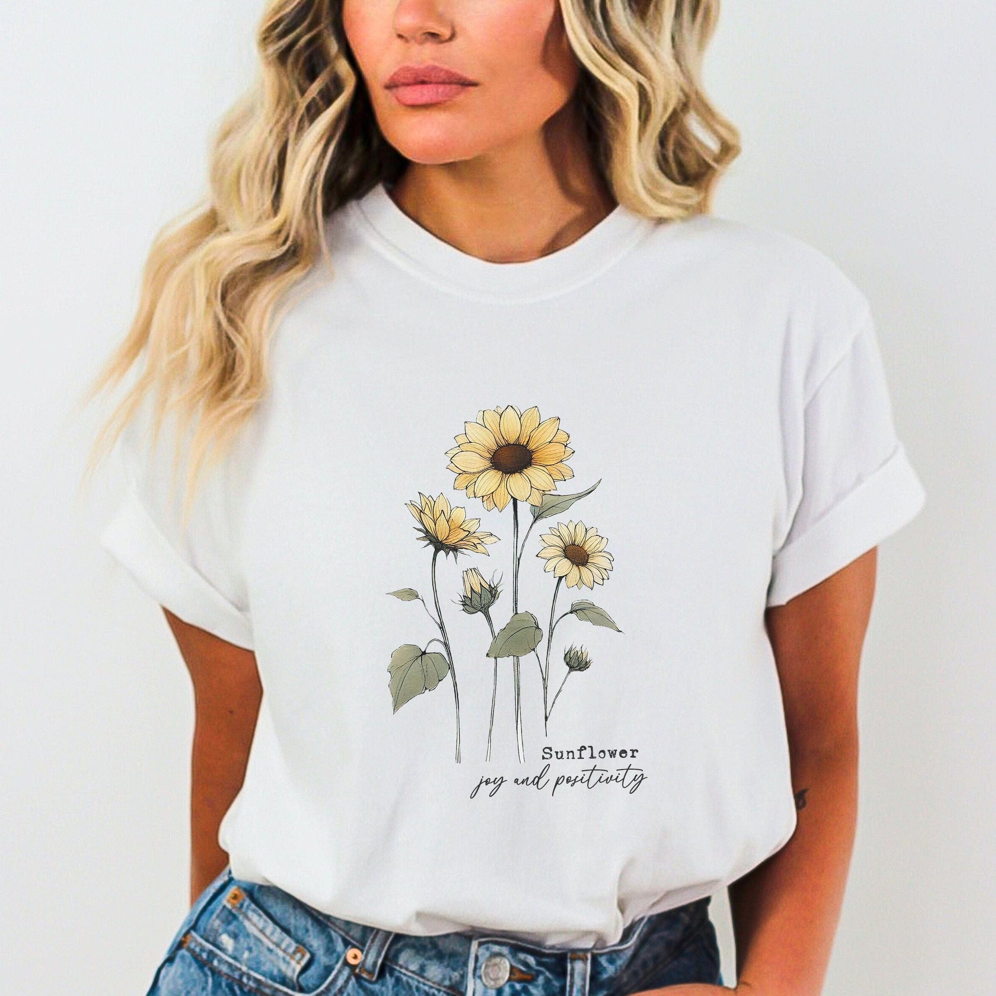 Sunflower t-shirt with joyful floral design and positive quote, summer aesthetic tee