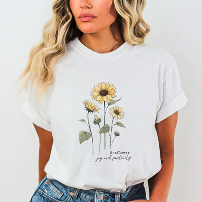 Sunflower t-shirt with joyful floral design and positive quote, summer aesthetic tee