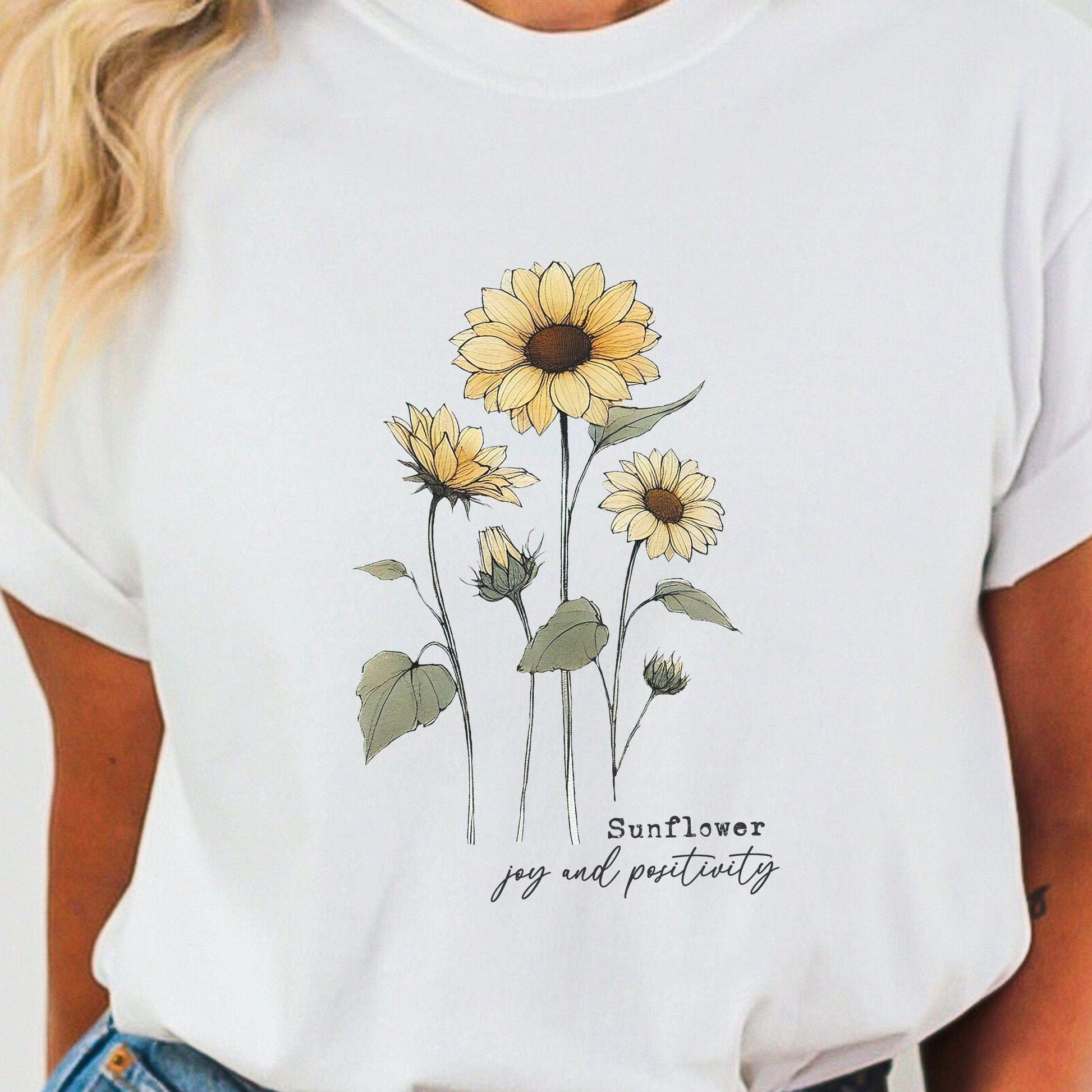 Sunflower t-shirt with joyful floral design and positive quote, summer aesthetic tee