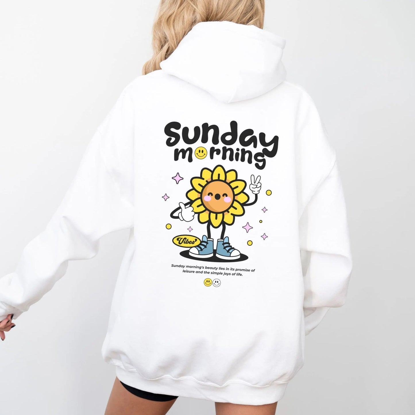 Sunflower character hoodie, cozy vibes, 50% cotton, 50% polyester, 8 colors.